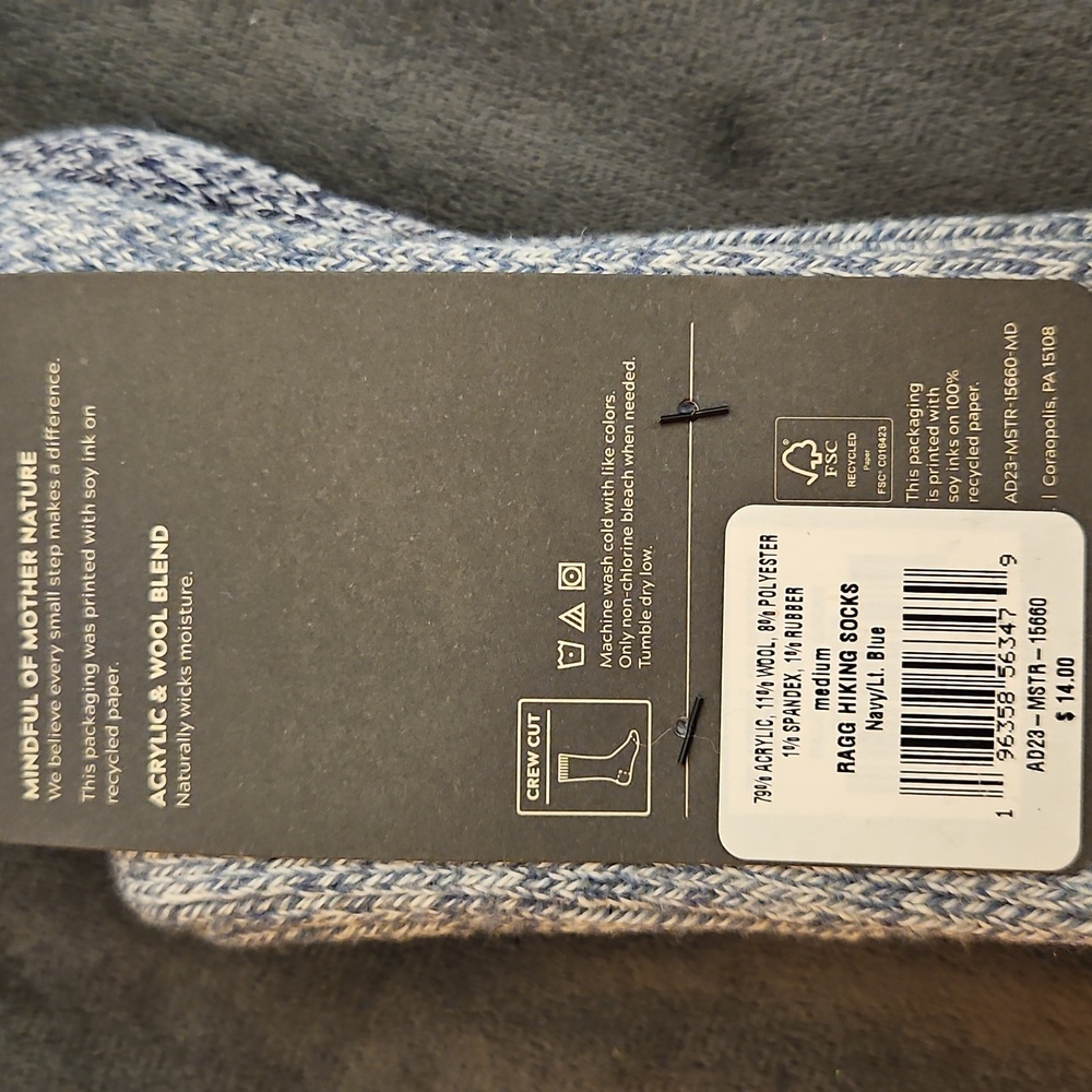 NWT 2 Pair ALPINE WOOL RAGG CREW Hiking Socks mens M 6-9 - Picture 3 of 4